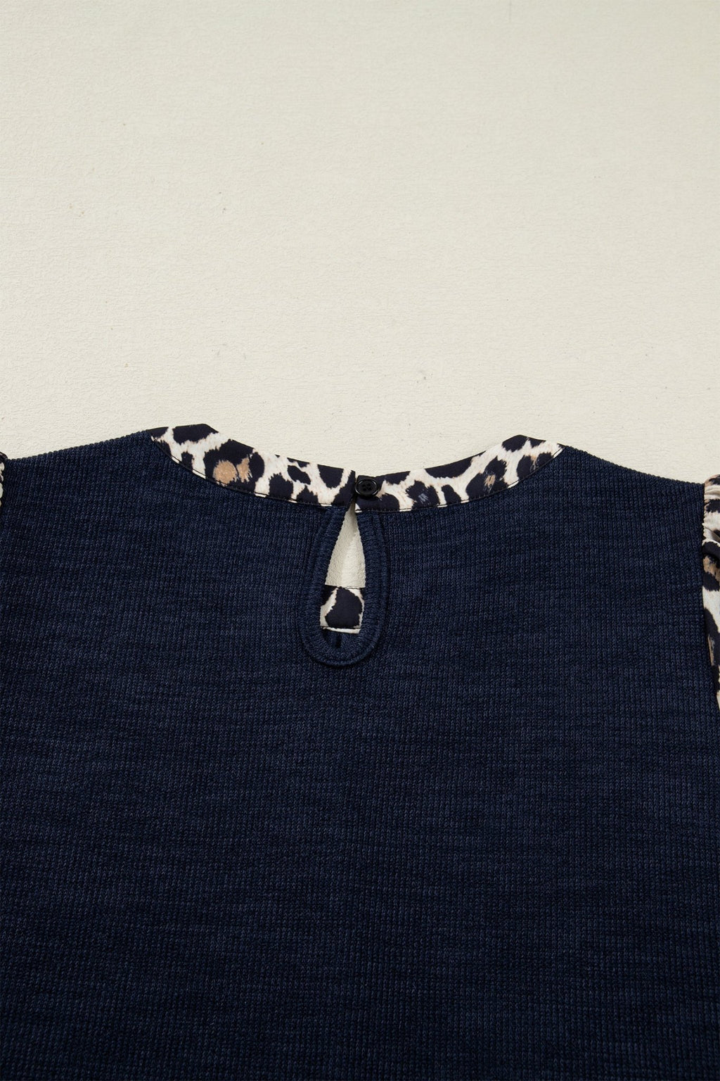 Navy Blue Ribbed Contrast Leopard Patchwork Short Sleeve Top - Crowned Energy CO.