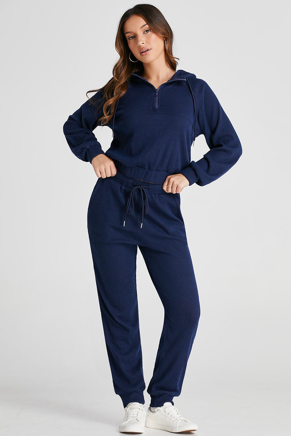 Crowned Energy CO. Navy Blue / S / 95%Polyester+5%Elastane Dear-Lover Dropshipping Activewear/Activewear Sets Navy Blue Ribbed Knit Cropped Hoodie and Drawstring Joggers Set