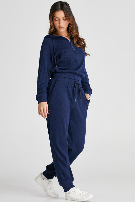 Crowned Energy CO. Navy Blue / S / 95%Polyester+5%Elastane Dear-Lover Dropshipping Activewear/Activewear Sets Navy Blue Ribbed Knit Cropped Hoodie and Drawstring Joggers Set