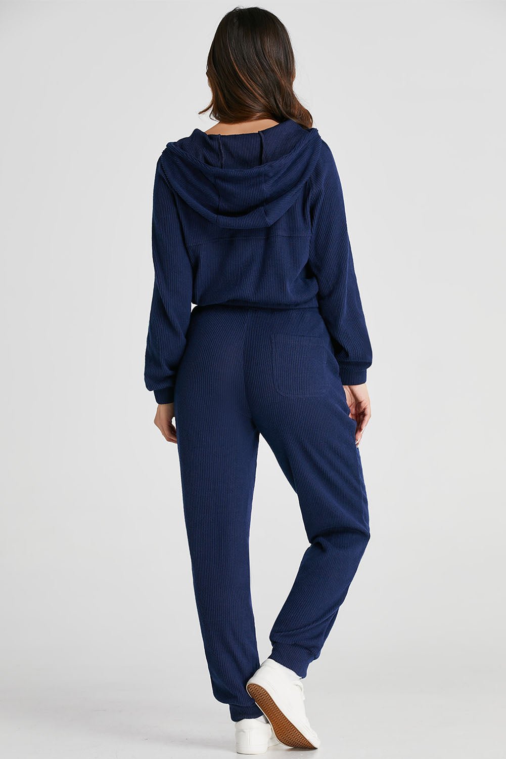 Crowned Energy CO. Navy Blue / S / 95%Polyester+5%Elastane Dear-Lover Dropshipping Activewear/Activewear Sets Navy Blue Ribbed Knit Cropped Hoodie and Drawstring Joggers Set
