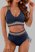 Navy Blue Ribbed Knit Tribal Contrast Detail 2pcs High Waist Swimsuit - Crowned Energy CO.