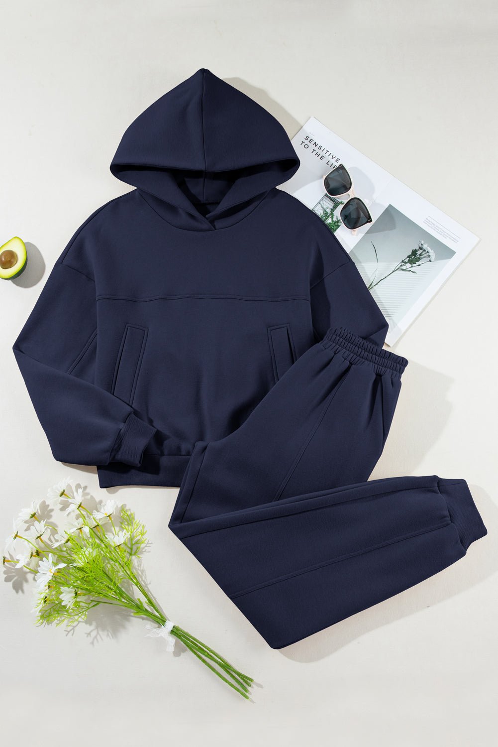 Navy Blue Solid Exposed Seams Hoodie and Joggers Activewear Set - Crowned Energy CO.