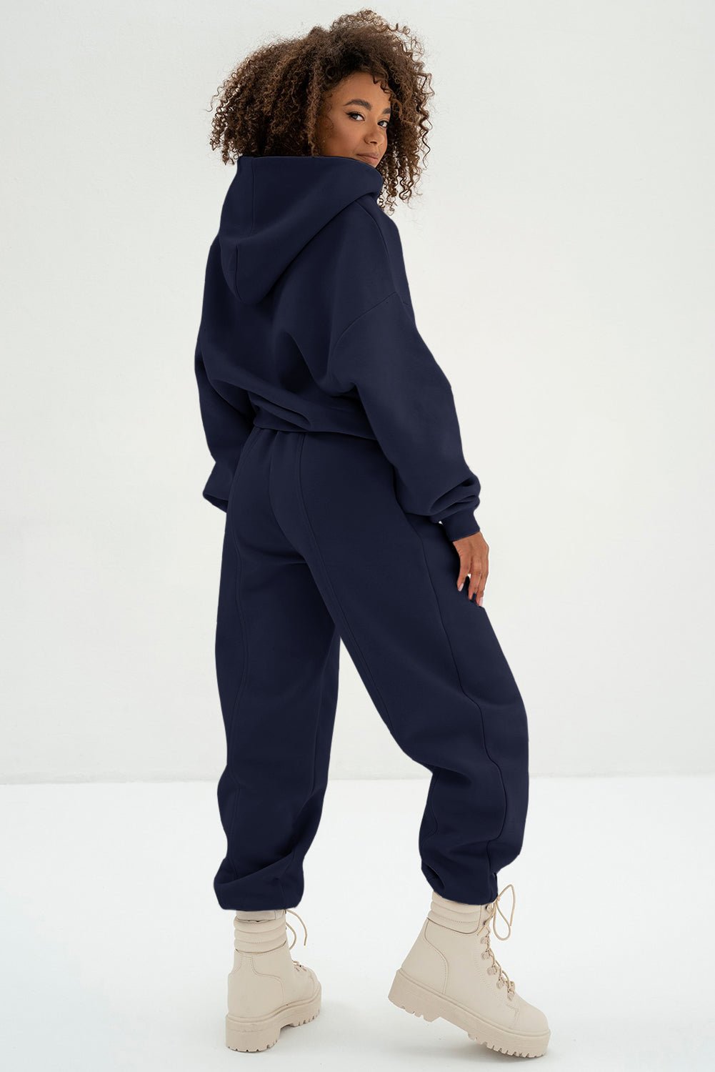 Navy Blue Solid Exposed Seams Hoodie and Joggers Activewear Set - Crowned Energy CO.