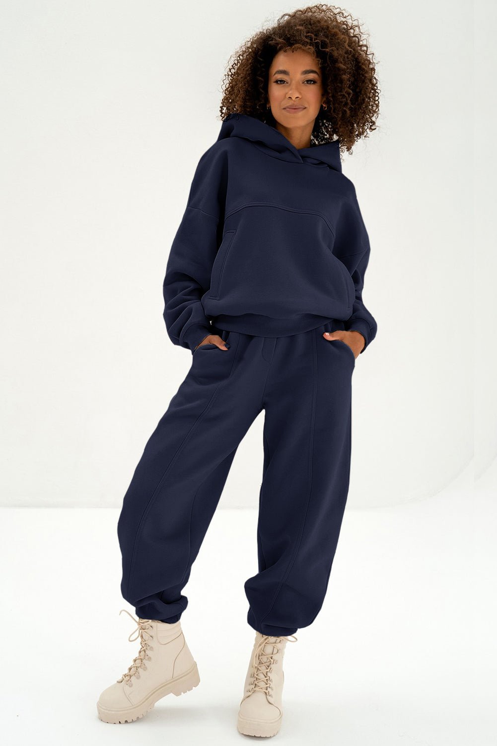 Navy Blue Solid Exposed Seams Hoodie and Joggers Activewear Set - Crowned Energy CO.