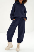 Navy Blue Solid Exposed Seams Hoodie and Joggers Activewear Set - Crowned Energy CO.