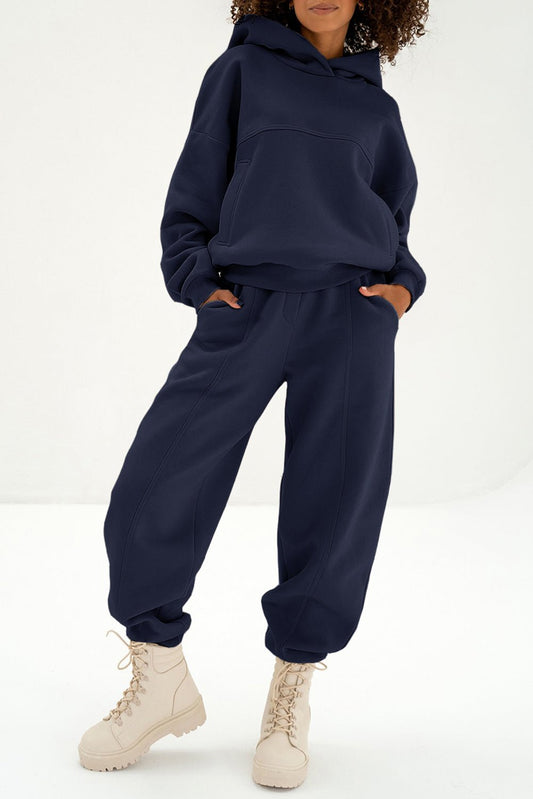 Navy Blue Solid Exposed Seams Hoodie and Joggers Activewear Set - Crowned Energy CO.