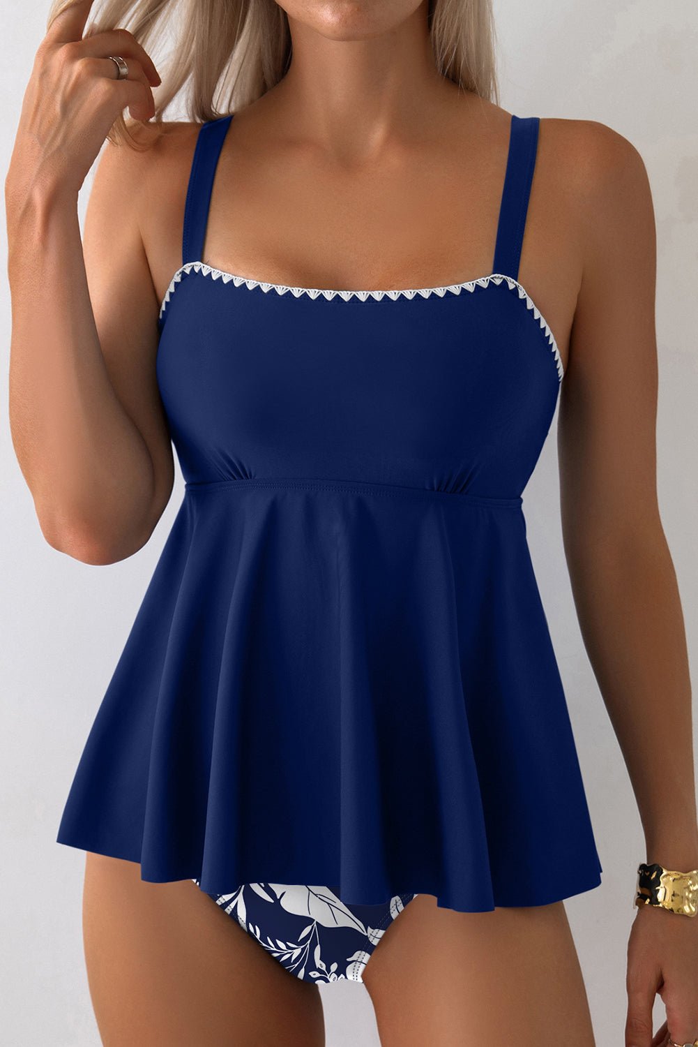 Navy Blue Spaghetti Straps Contrasted Ricrac Trim Flared Tankini 2pcs Swimsuit - Crowned Energy CO.