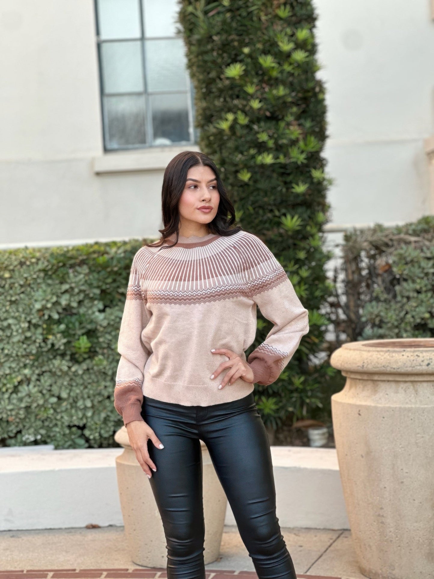 Neutral Color Block Knit Pull Out Sweater - Crowned Energy CO.