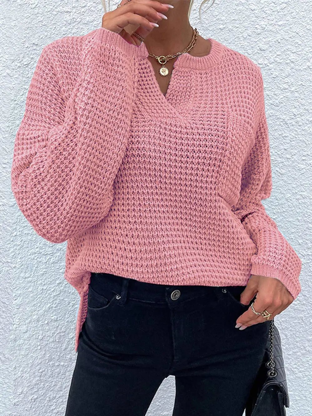 Crowned Energy CO. Dusty Pink / S Trendsi Sweaters & Cardigans/Cardigans Notched Long Sleeve Sweater