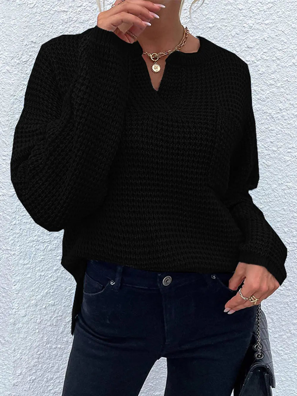 Crowned Energy CO. Black / S Trendsi Sweaters & Cardigans/Cardigans Notched Long Sleeve Sweater