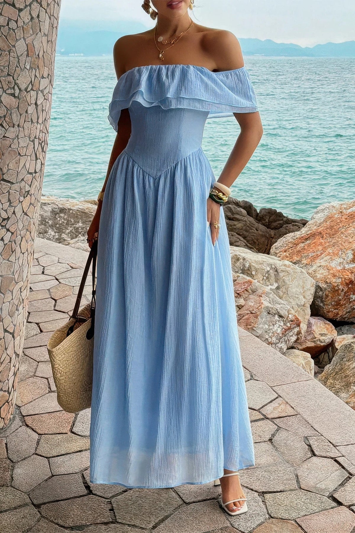 Off Shoulder Corset Ruffle Maxi Dress - Crowned Energy CO.