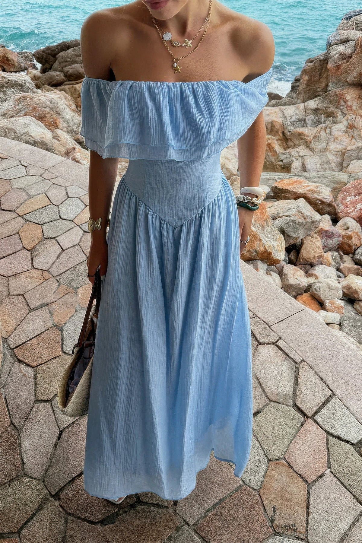 Off Shoulder Corset Ruffle Maxi Dress - Crowned Energy CO.