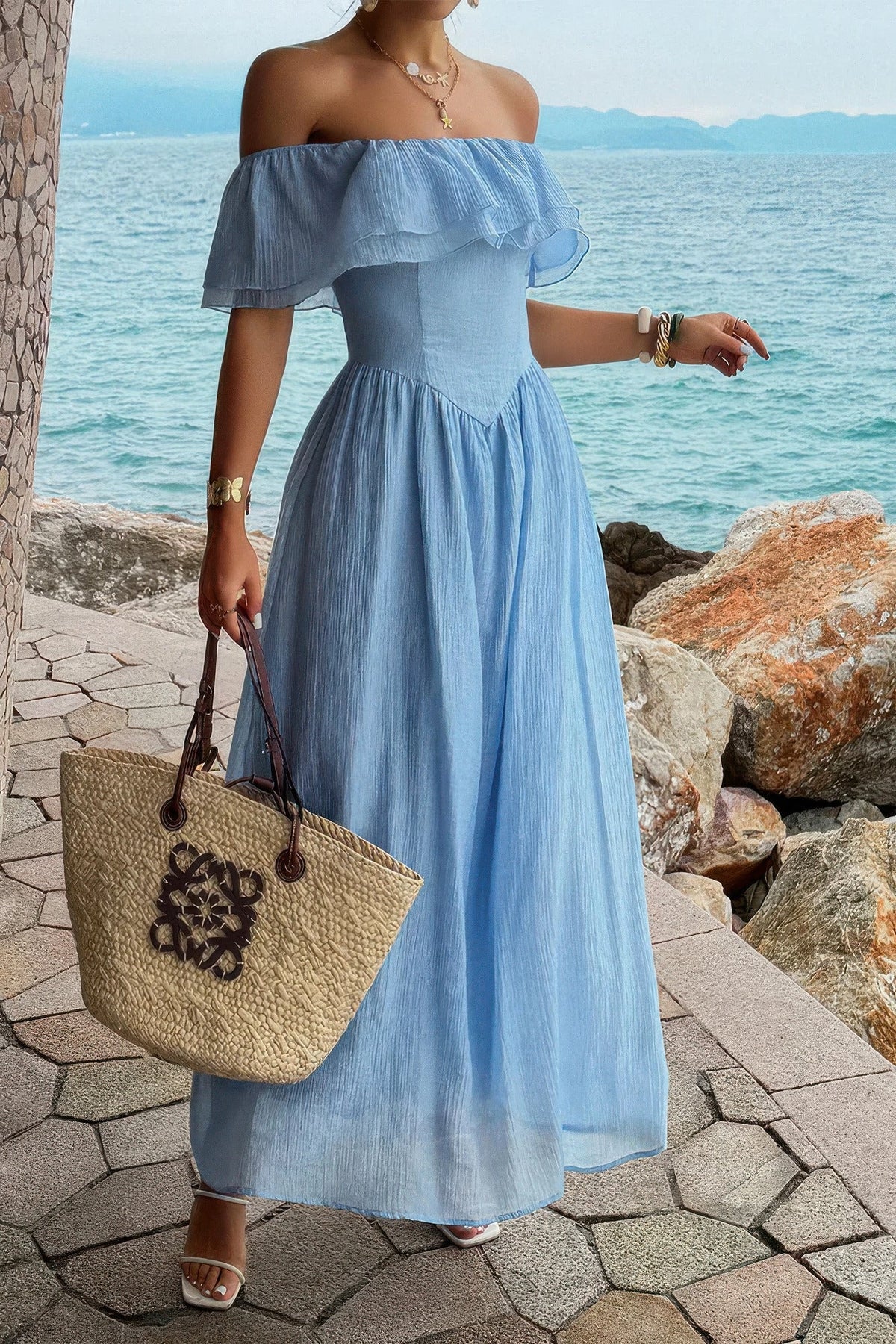 Off Shoulder Corset Ruffle Maxi Dress - Crowned Energy CO.