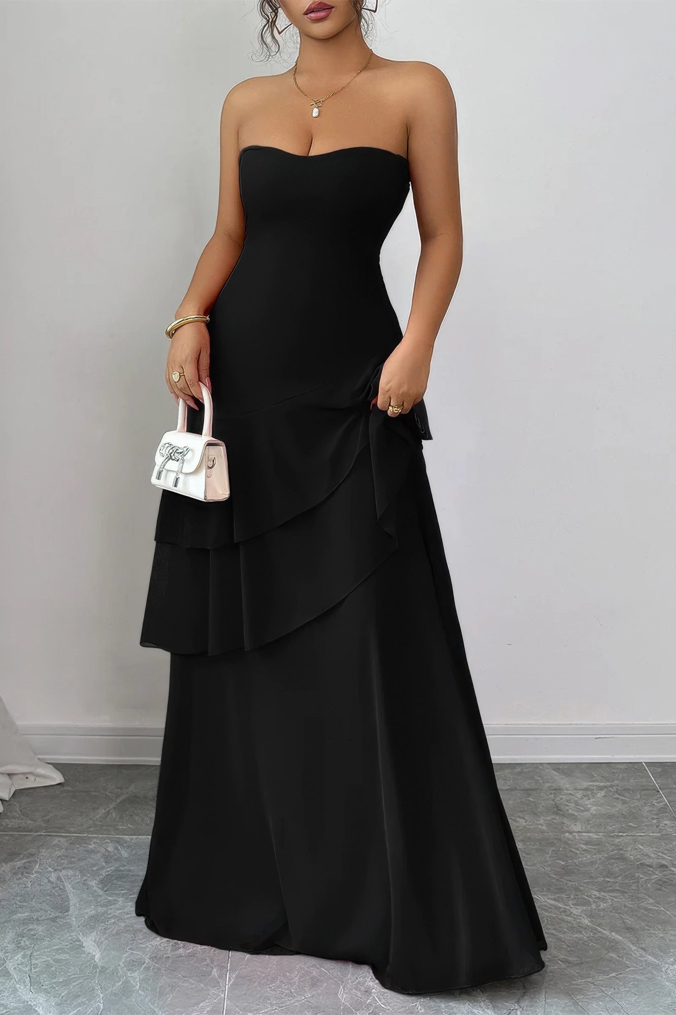 Off Shoulder Cross Back High Waist Layered Maxi Dress - Crowned Energy CO.