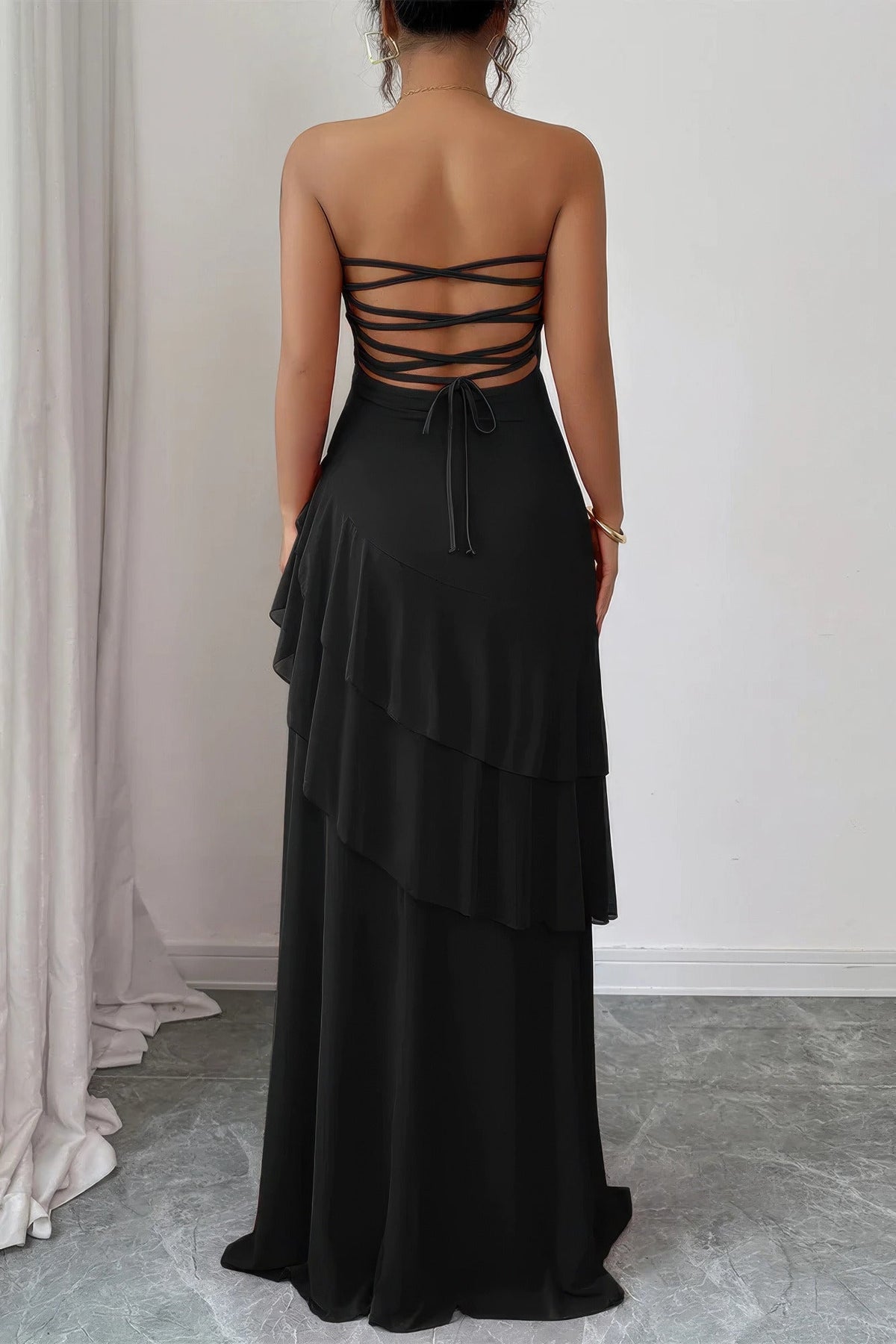 Off Shoulder Cross Back High Waist Layered Maxi Dress - Crowned Energy CO.