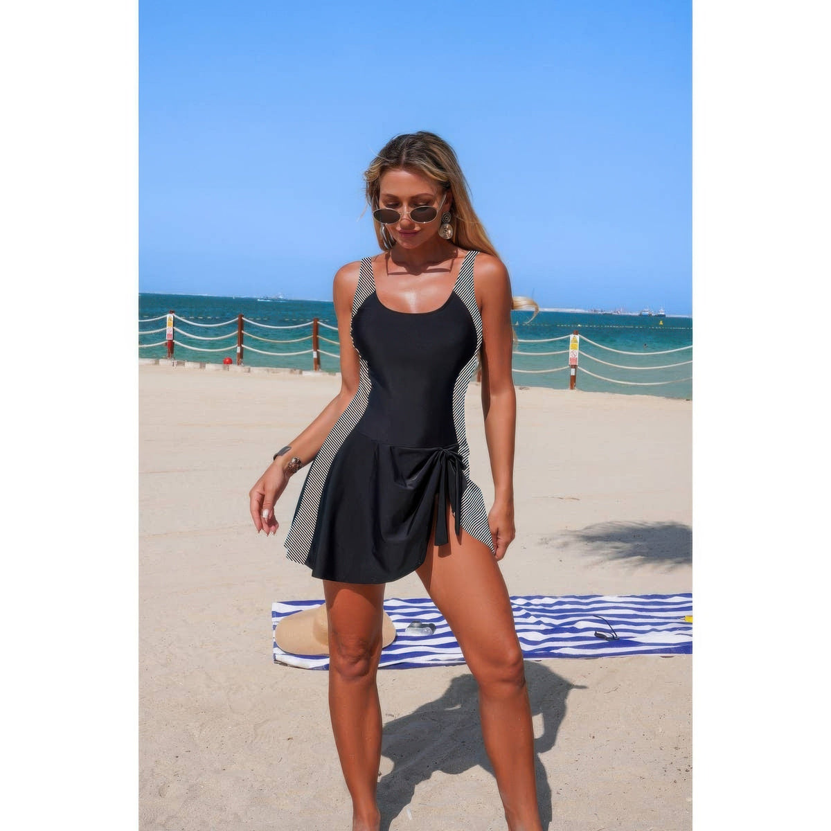 One-Piece Patchwork Tie-Up Stretch Swimsuit - Crowned Energy CO.