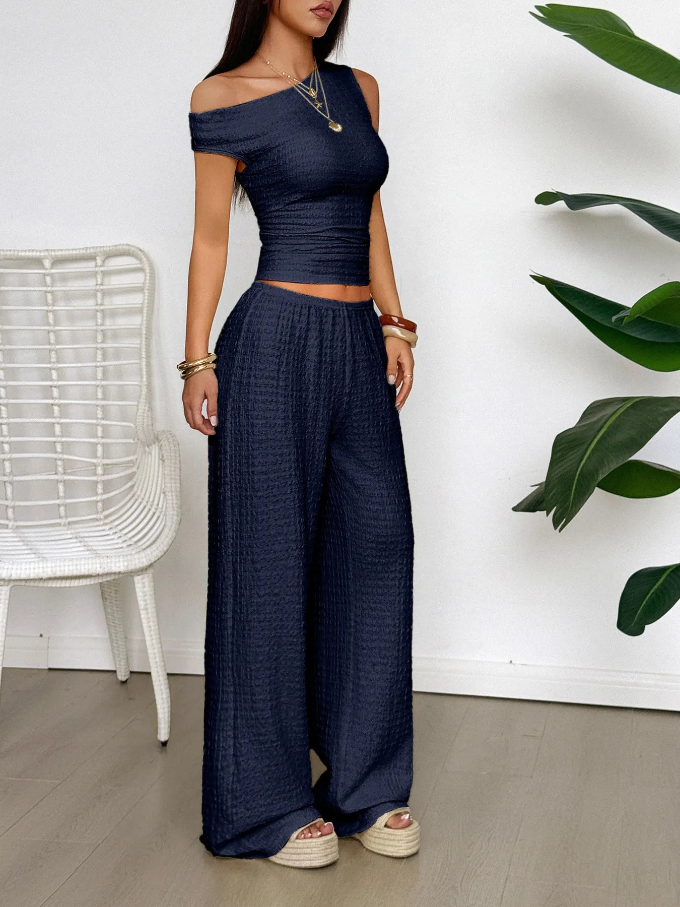 Crowned Energy CO. Navy Blue / S Trendsi OUTFIT SET One Shoulder Top and Wide Leg Pants Set