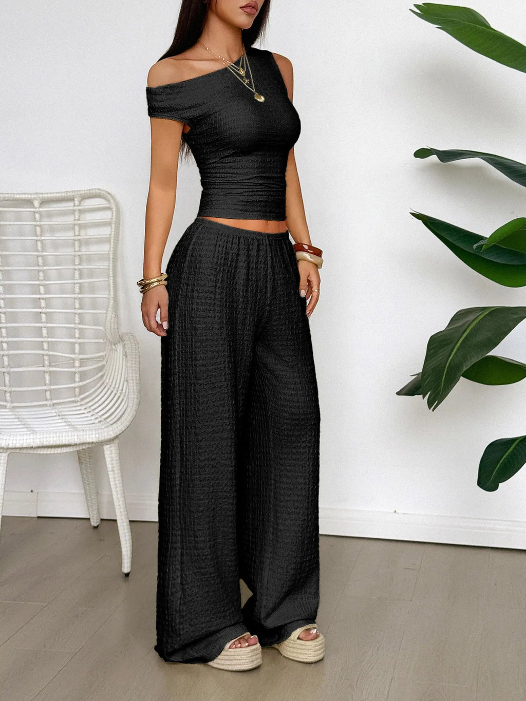 Crowned Energy CO. Black / S Trendsi OUTFIT SET One Shoulder Top and Wide Leg Pants Set