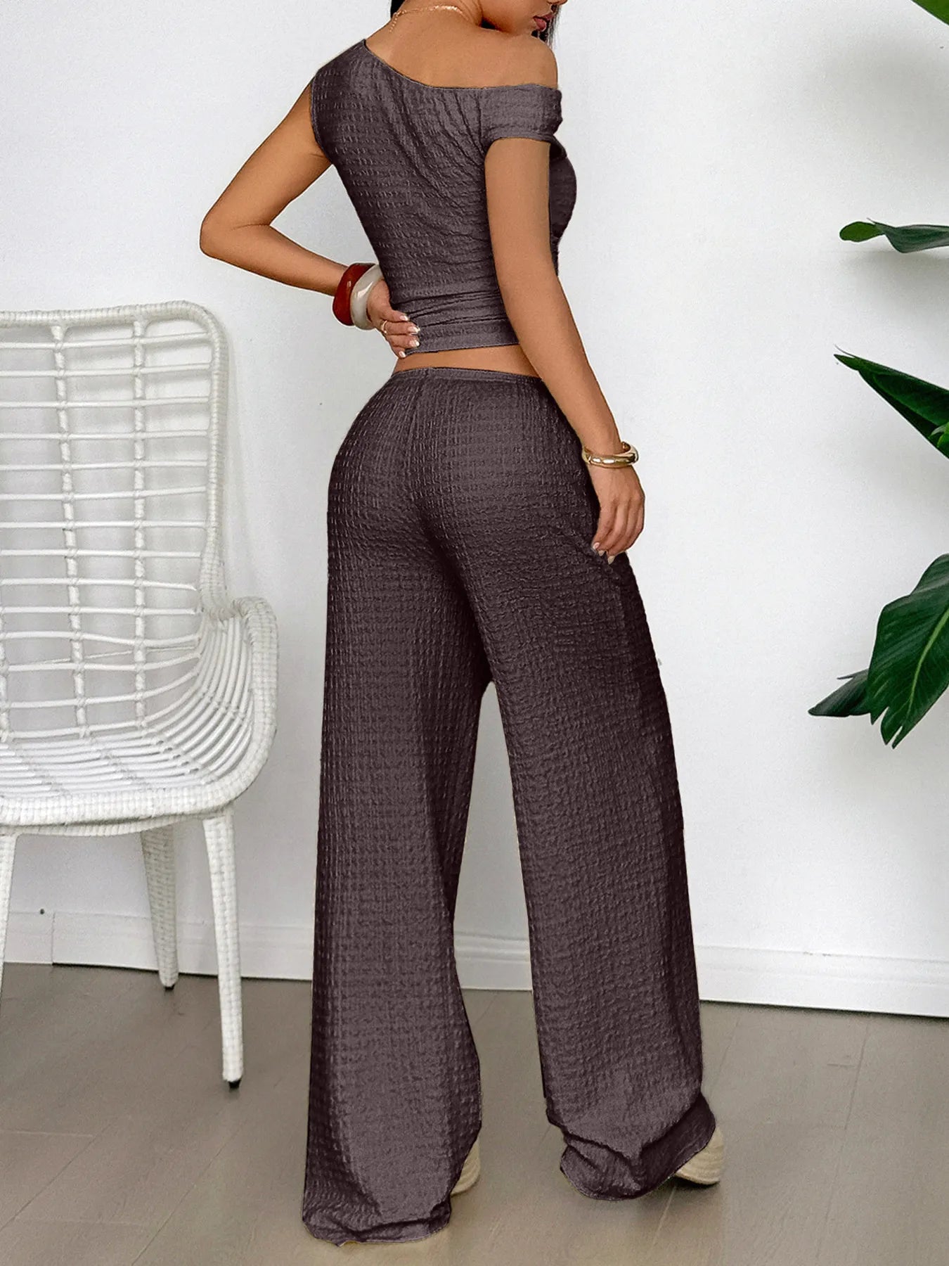 Crowned Energy CO. Black / S Trendsi OUTFIT SET One Shoulder Top and Wide Leg Pants Set