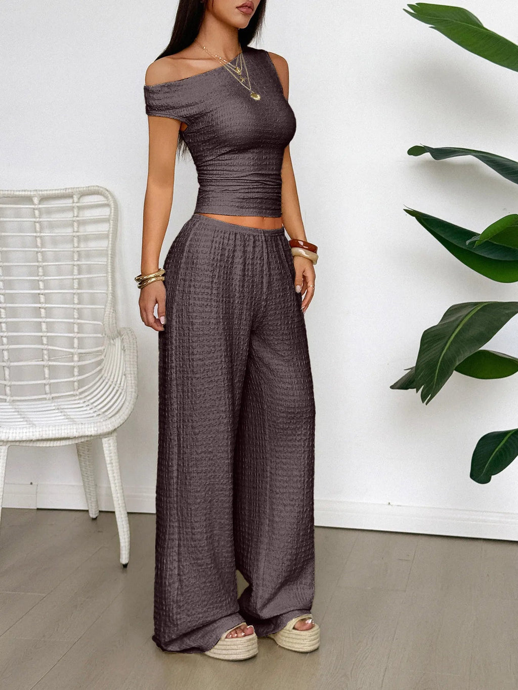 Crowned Energy CO. Black / S Trendsi OUTFIT SET One Shoulder Top and Wide Leg Pants Set