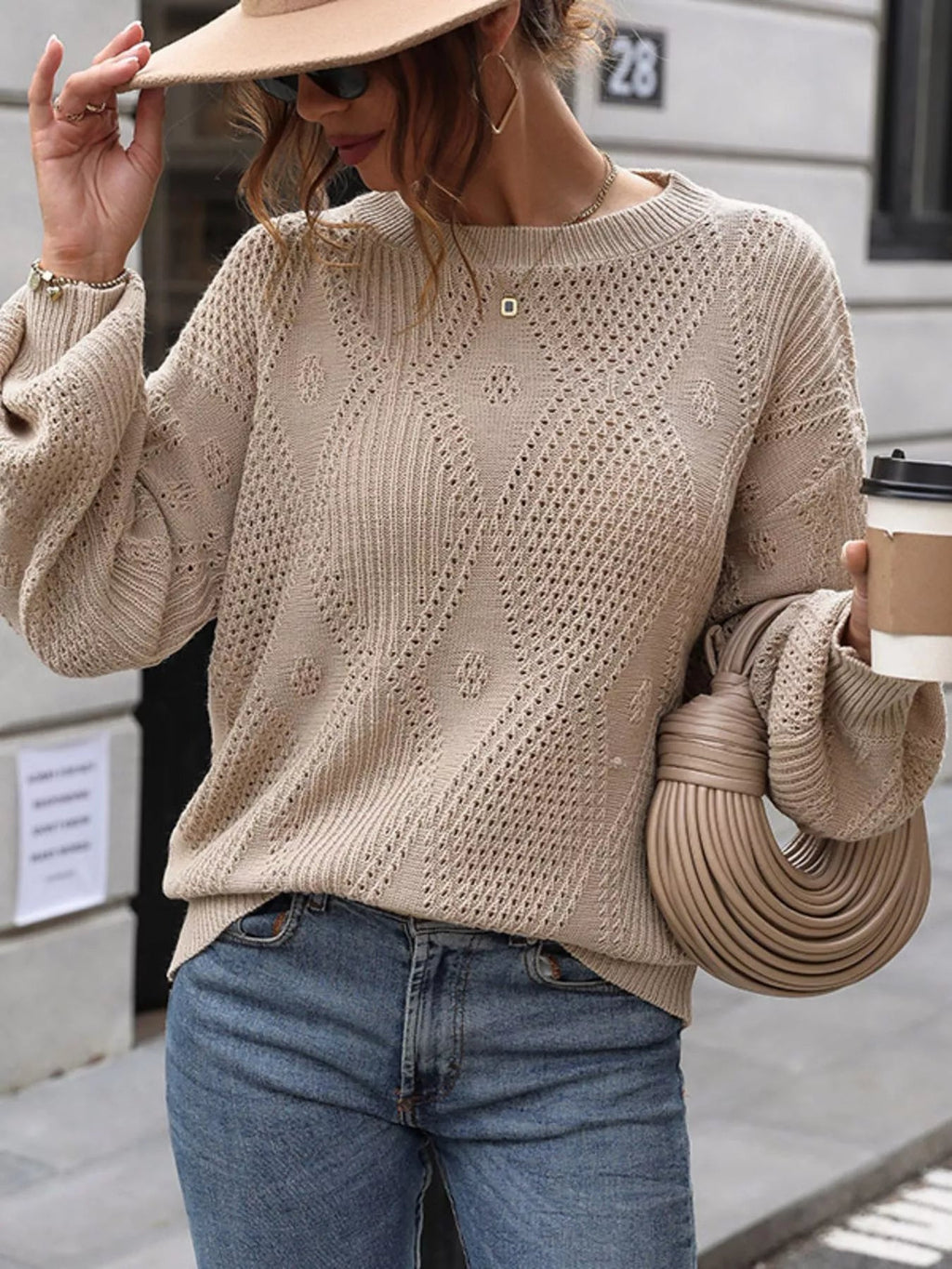 Openwork Dropped Shoulder Sweater - Crowned Energy CO.