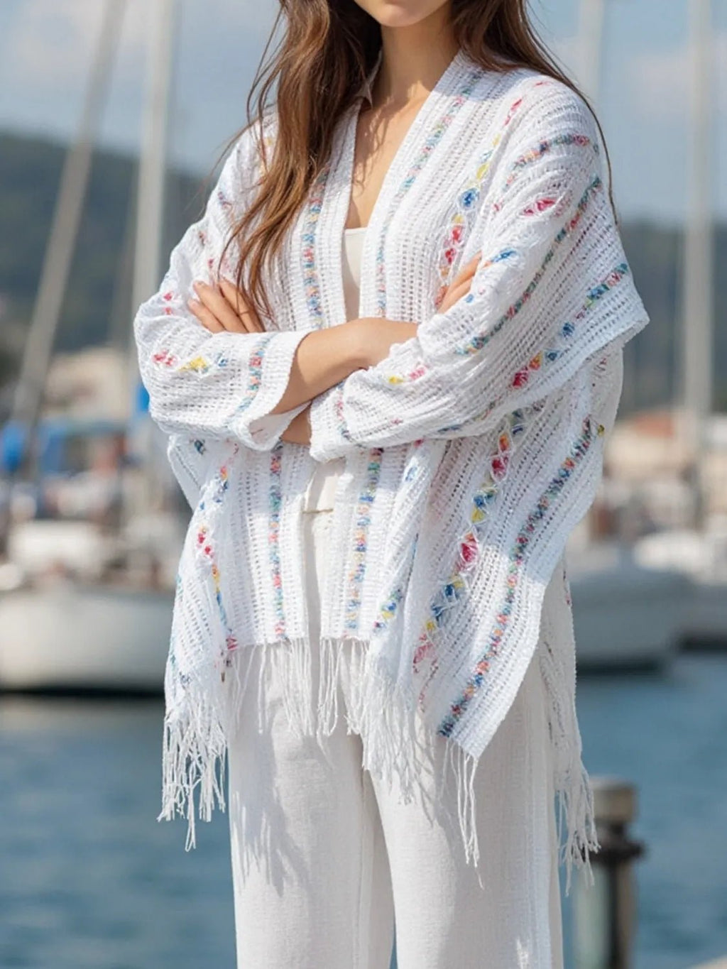 Crowned Energy CO. White / One-size Trendsi Jackets Openwork Fringe Open Front Knit Cape