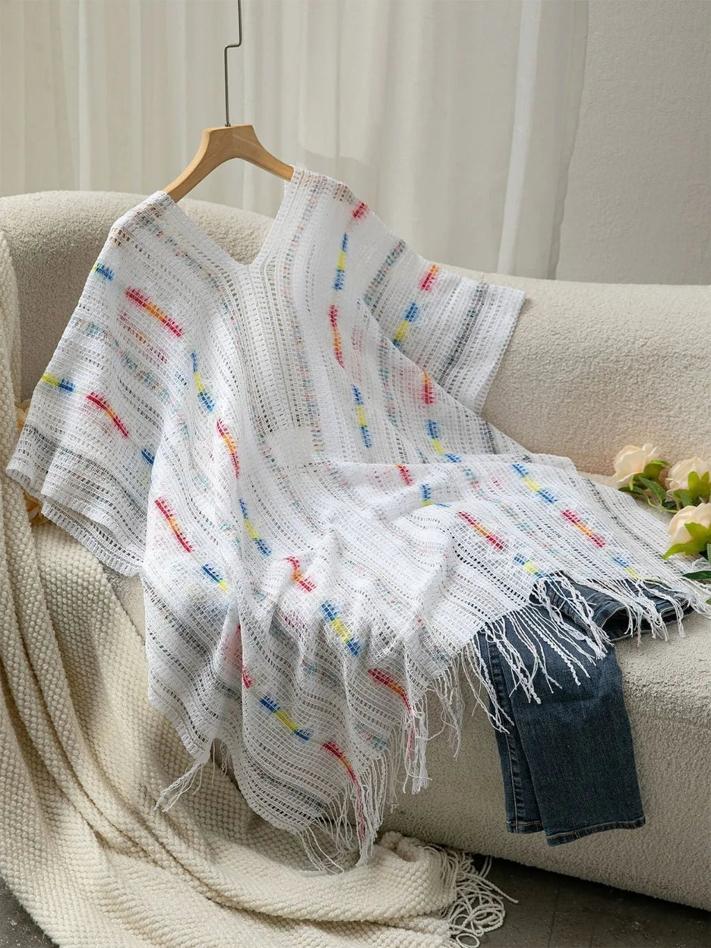 Crowned Energy CO. White / One-size Trendsi Jackets Openwork Fringe Open Front Knit Cape