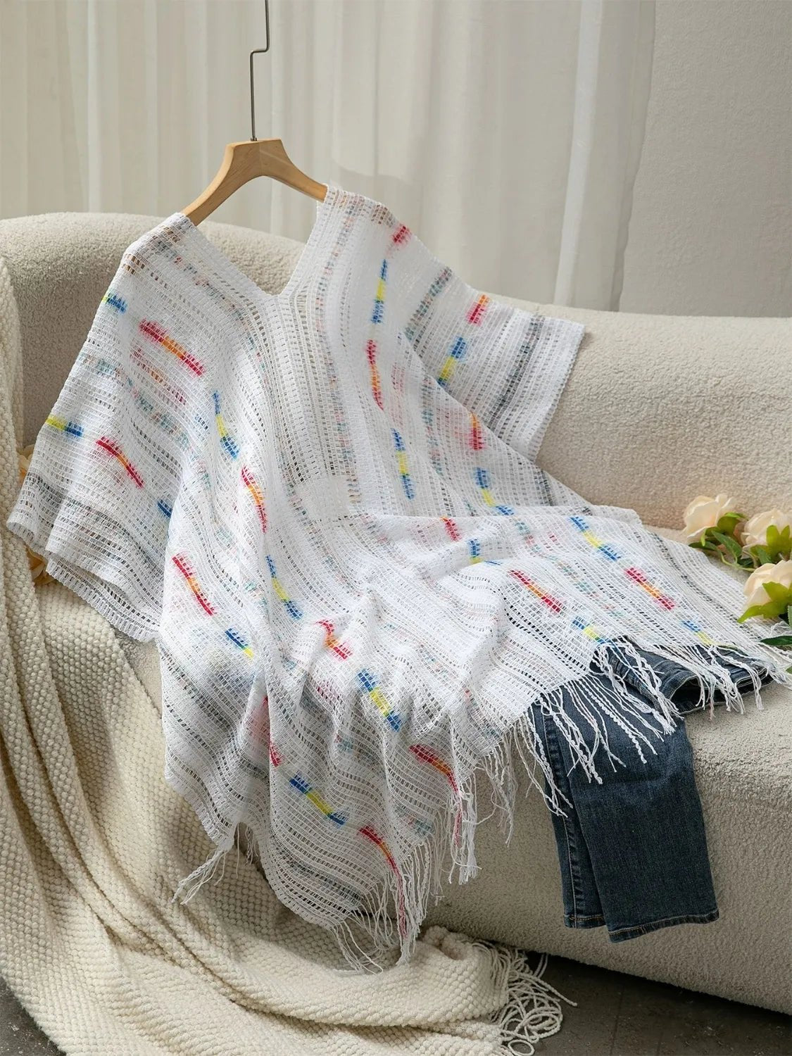 Crowned Energy CO. White / One-size Trendsi Jackets Openwork Fringe Open Front Knit Cape