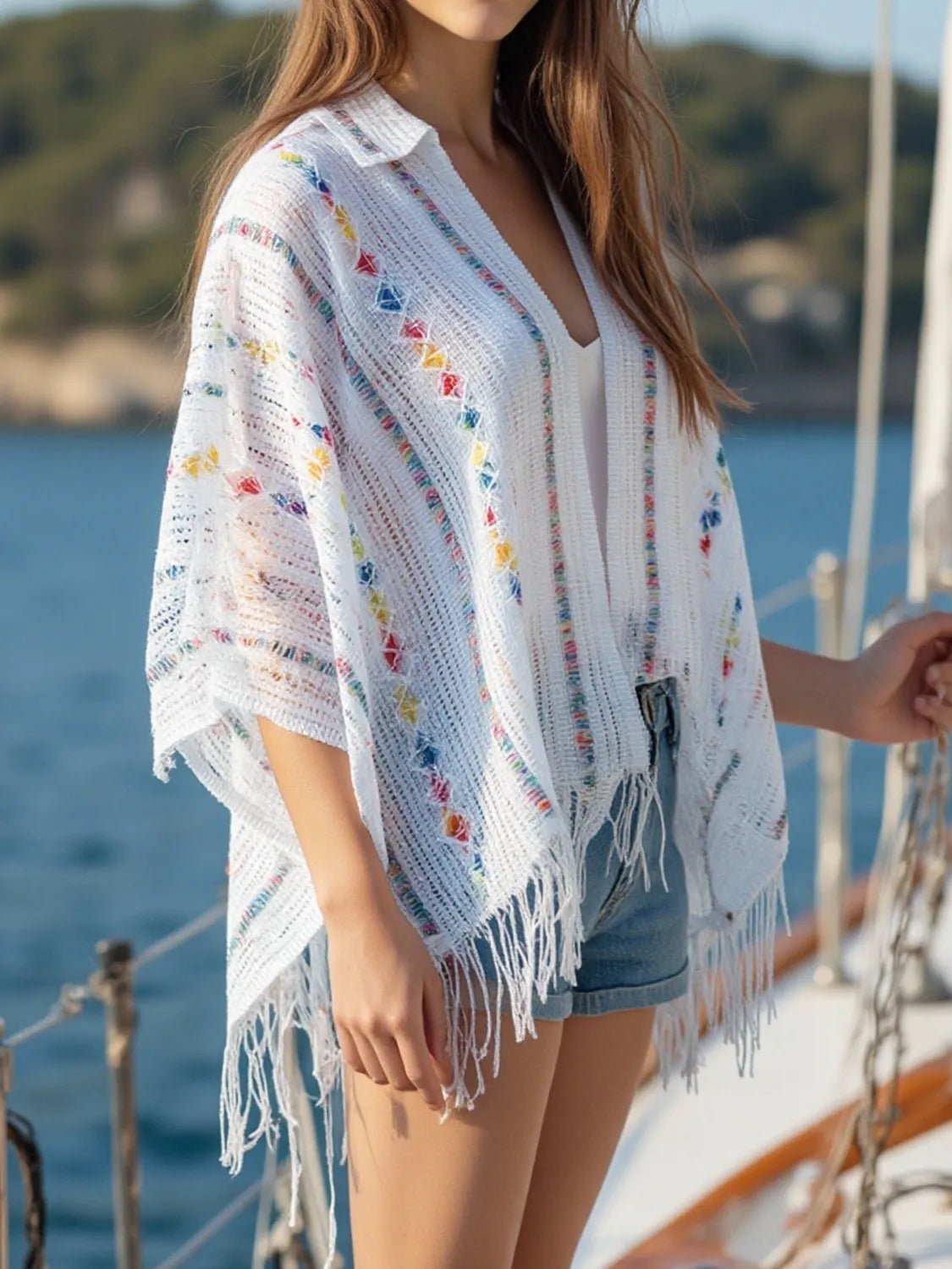 Crowned Energy CO. White / One-size Trendsi Jackets Openwork Fringe Open Front Knit Cape