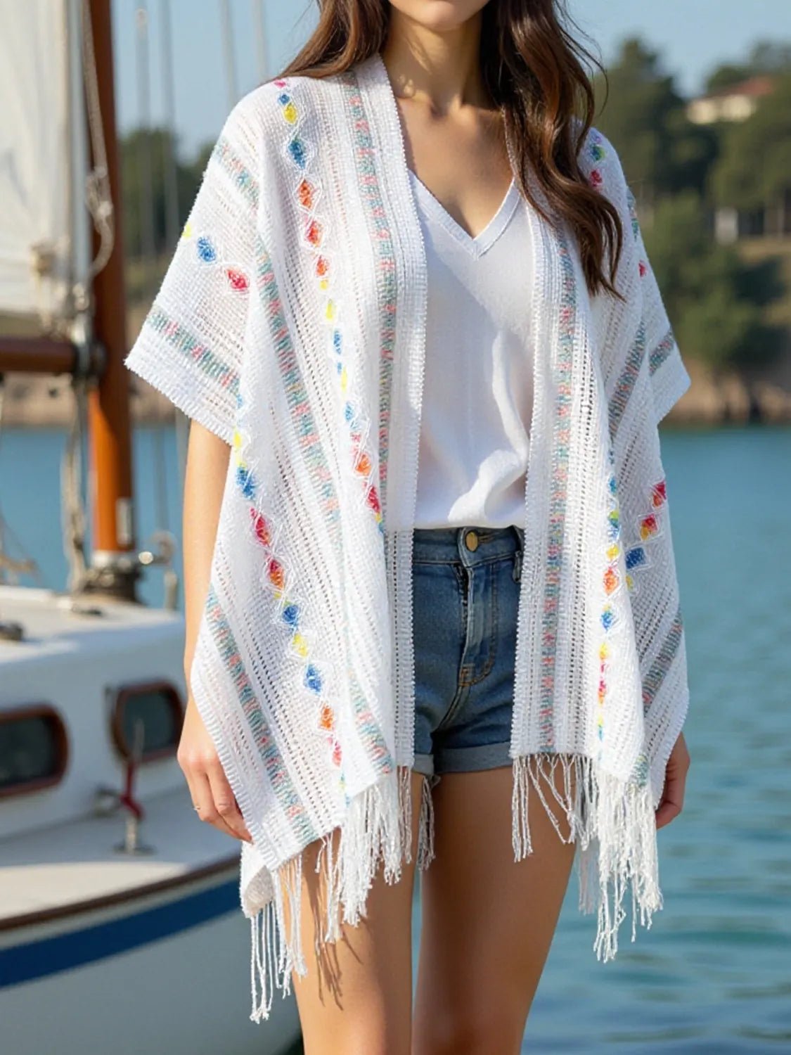 Crowned Energy CO. White / One-size Trendsi Jackets Openwork Fringe Open Front Knit Cape