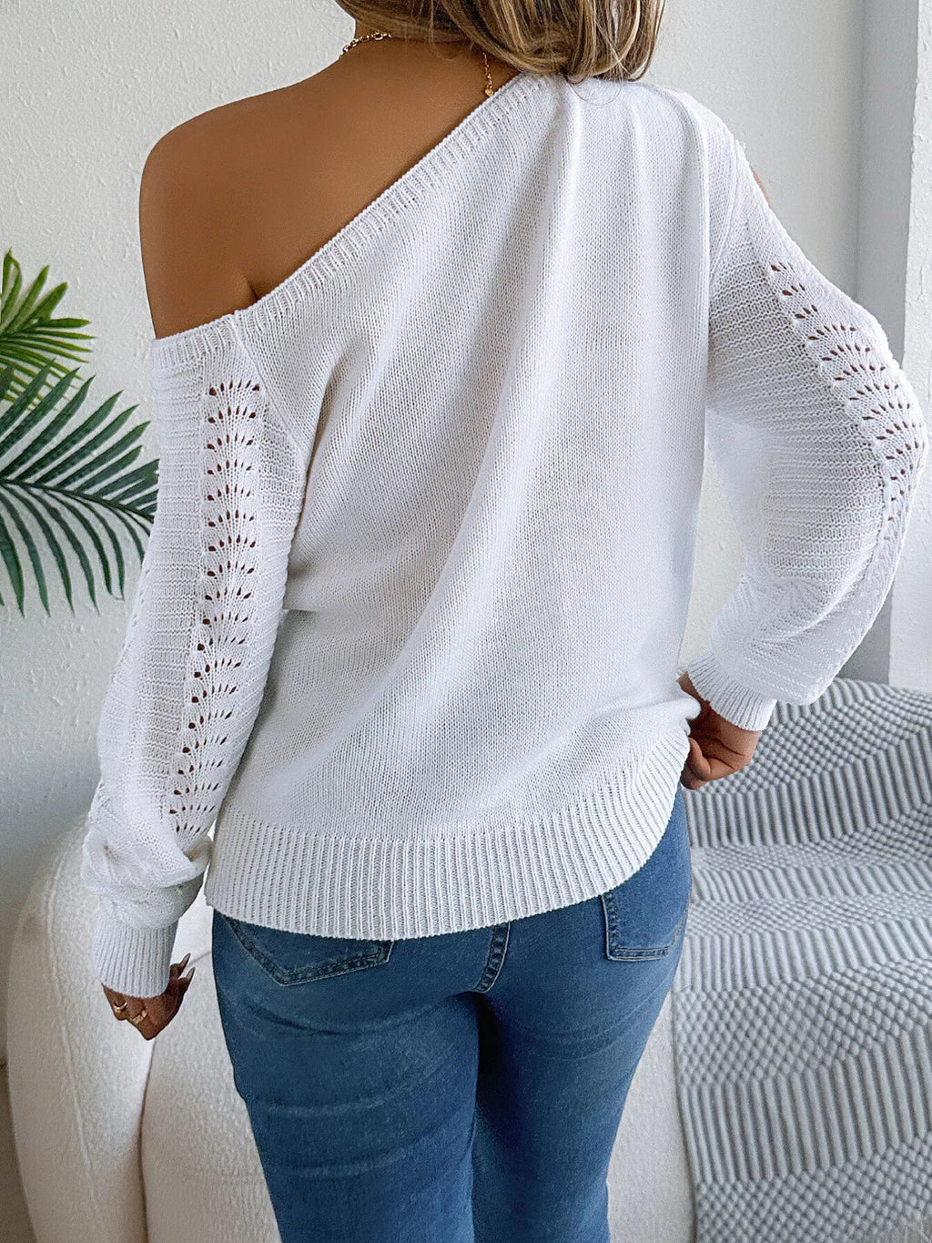 Crowned Energy CO. White / S Trendsi Shirt Openwork One Shoulder Cutout Long Sleeve Sweater
