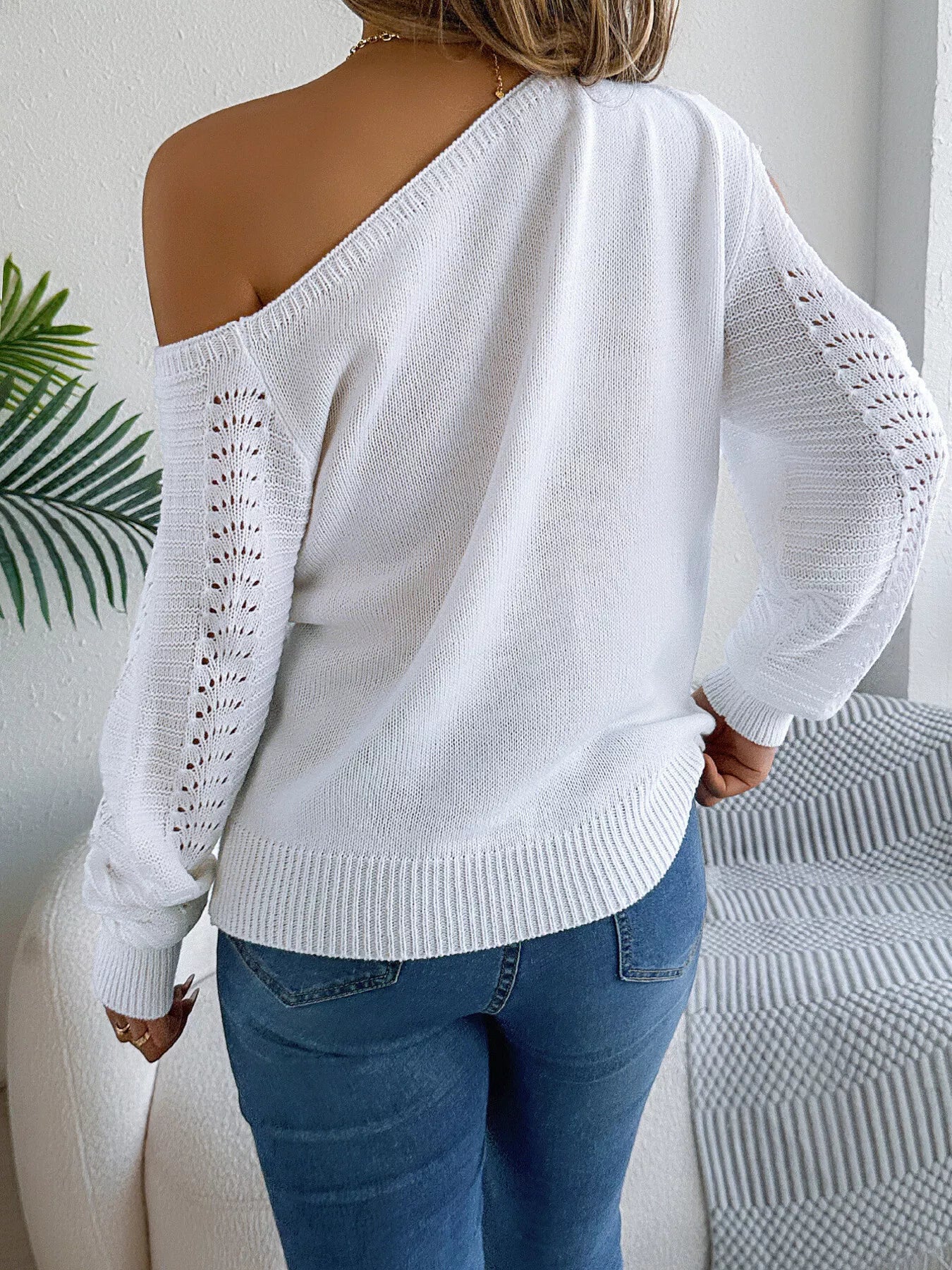 Crowned Energy CO. White / S Trendsi Shirt Openwork One Shoulder Cutout Long Sleeve Sweater