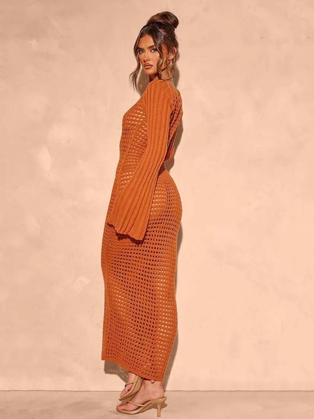 Openwork Square Neck Flare Sleeve Cover - Up Dress - Crowned Energy CO.