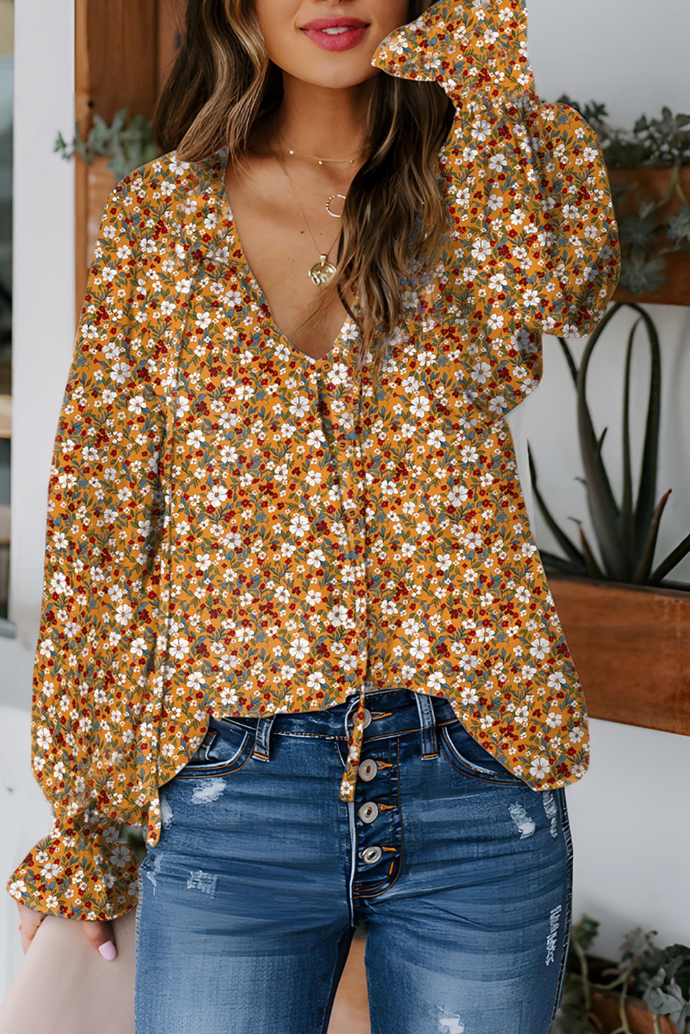Orange Boho Floral Ruffled Bubble Sleeve V Neck Fall Blouse - Crowned Energy CO.