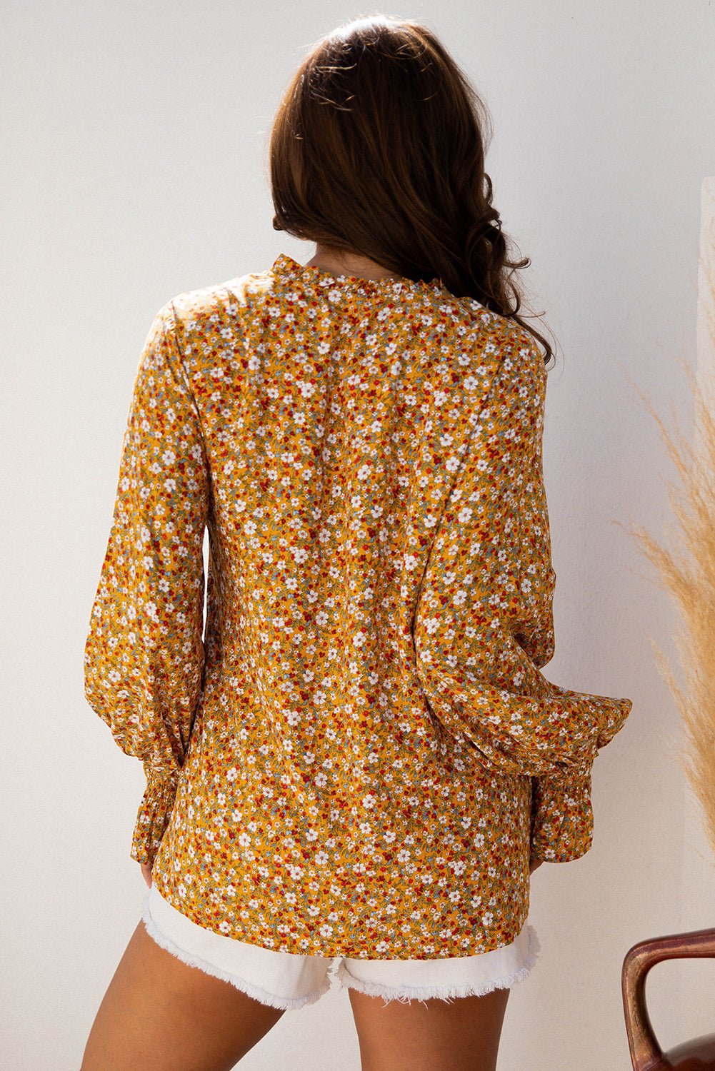 Orange Boho Floral Ruffled Bubble Sleeve V Neck Fall Blouse - Crowned Energy CO.