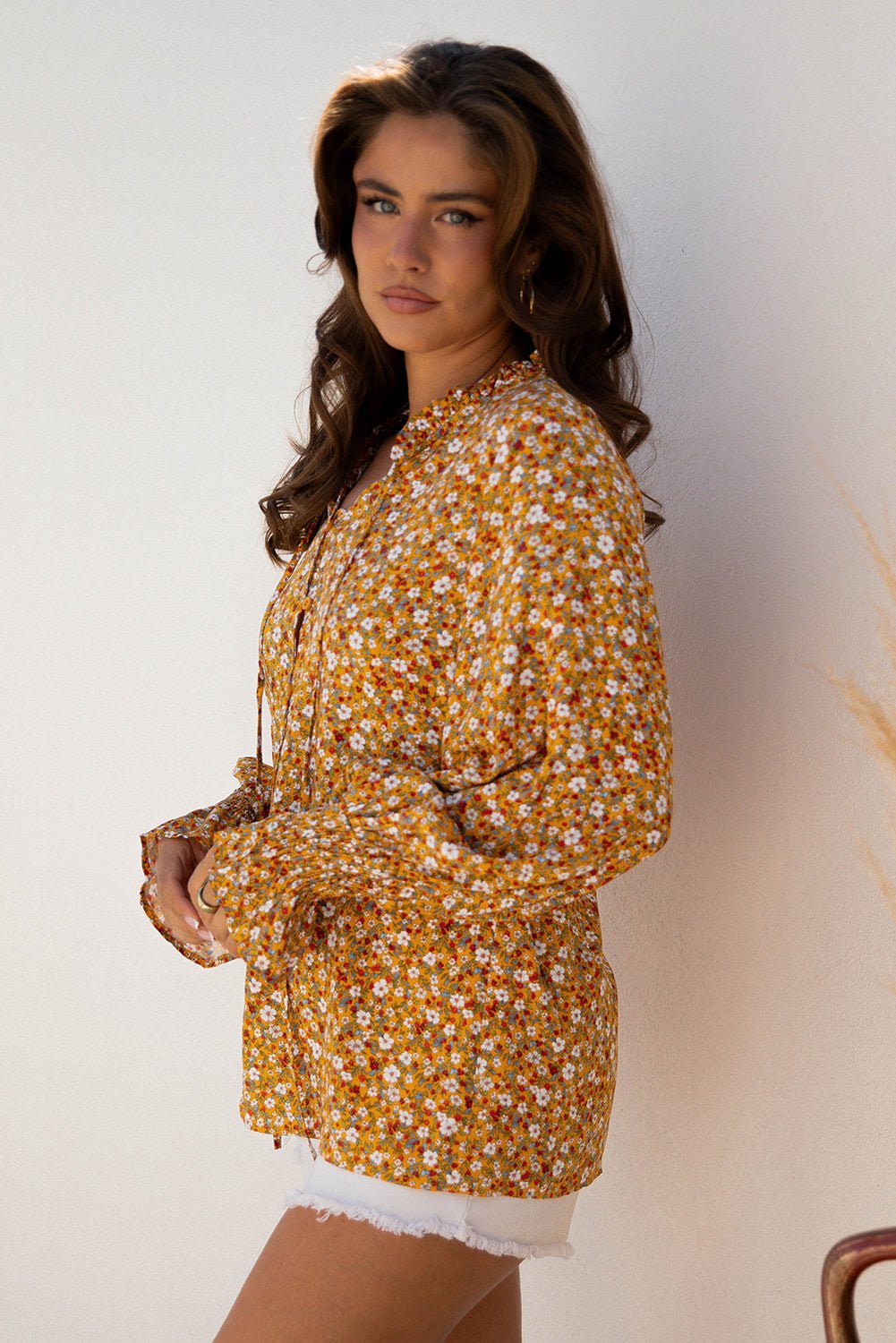 Orange Boho Floral Ruffled Bubble Sleeve V Neck Fall Blouse - Crowned Energy CO.