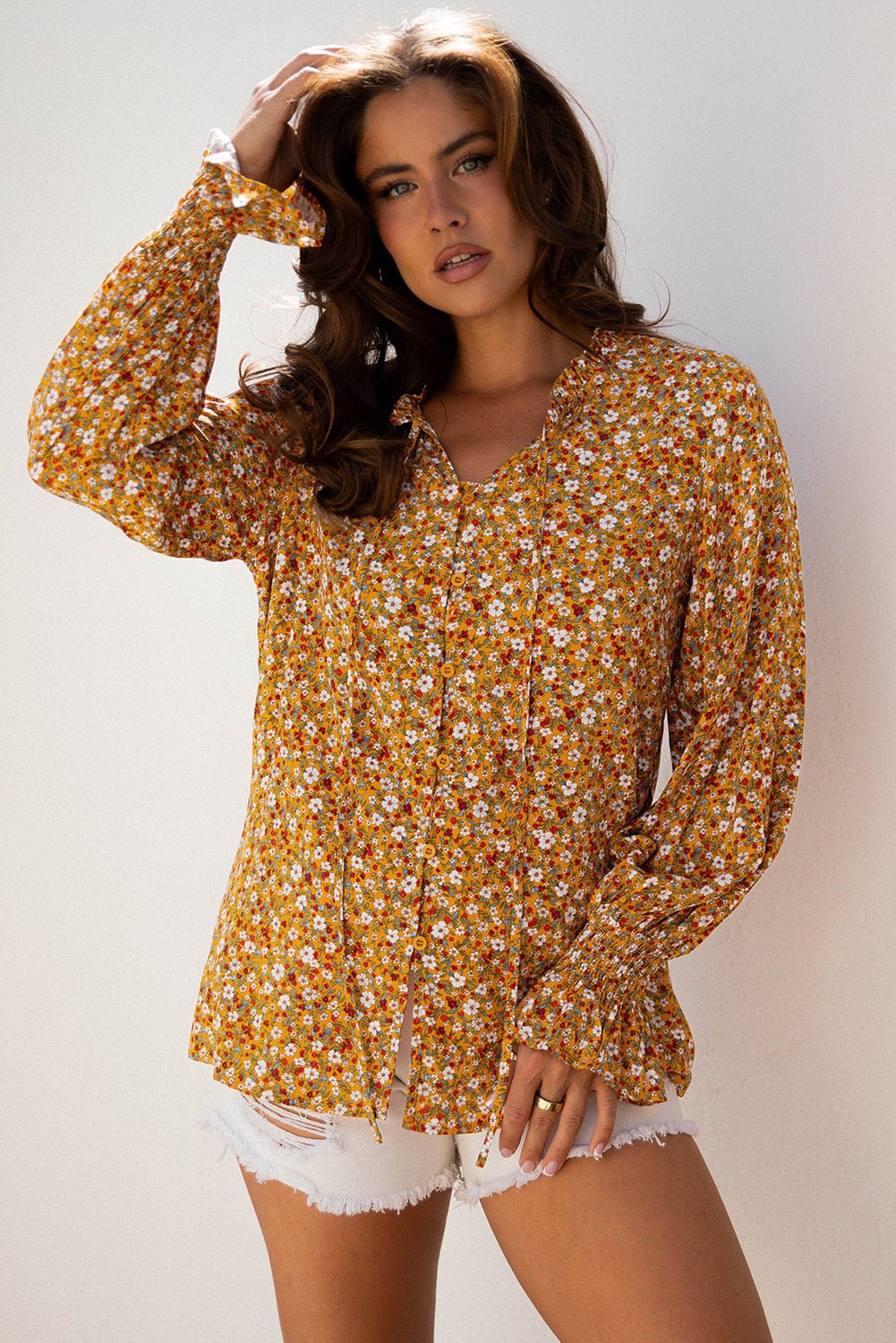 Orange Boho Floral Ruffled Bubble Sleeve V Neck Fall Blouse - Crowned Energy CO.