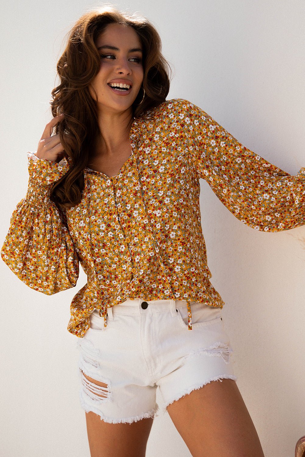 Orange Boho Floral Ruffled Bubble Sleeve V Neck Fall Blouse - Crowned Energy CO.