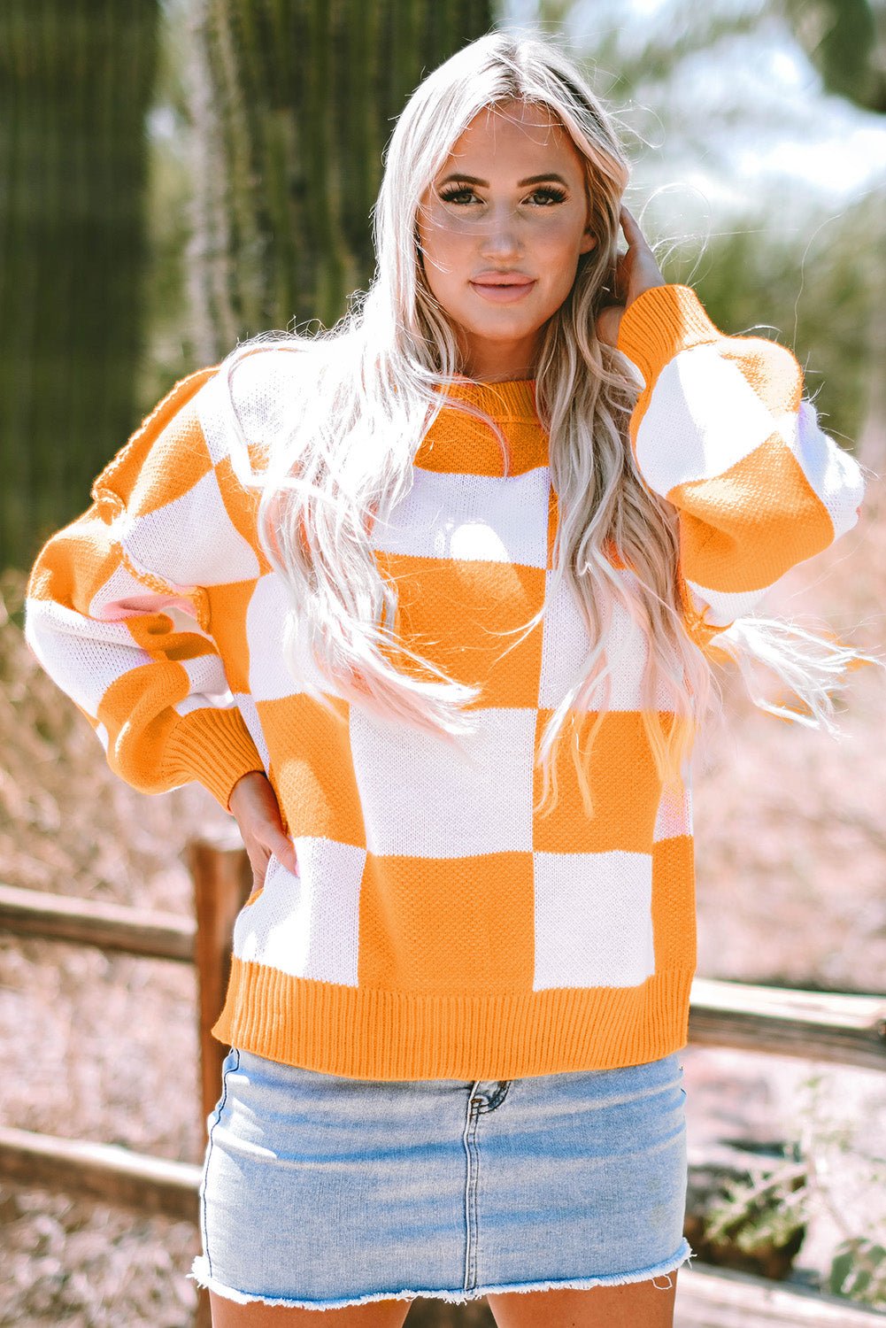 Crowned Energy CO. Grapefruit Orange / S / 100%Acrylic Dear-Lover Dropshipping Sweaters & Cardigans/Sweaters Orange Checkered Bishop Sleeve Sweater