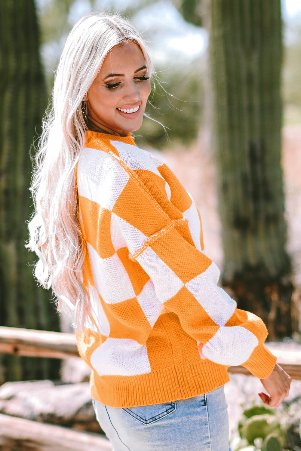 Crowned Energy CO. Grapefruit Orange / S / 100%Acrylic Dear-Lover Dropshipping Sweaters & Cardigans/Sweaters Orange Checkered Bishop Sleeve Sweater