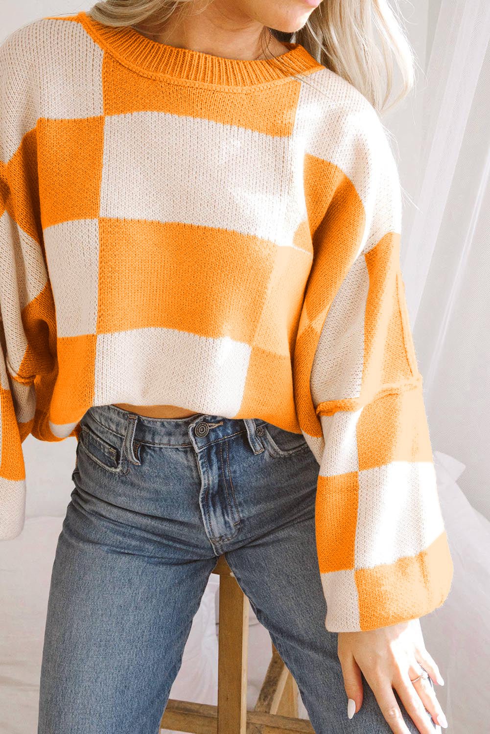 Crowned Energy CO. Grapefruit Orange / S / 100%Acrylic Dear-Lover Dropshipping Sweaters & Cardigans/Sweaters Orange Checkered Bishop Sleeve Sweater
