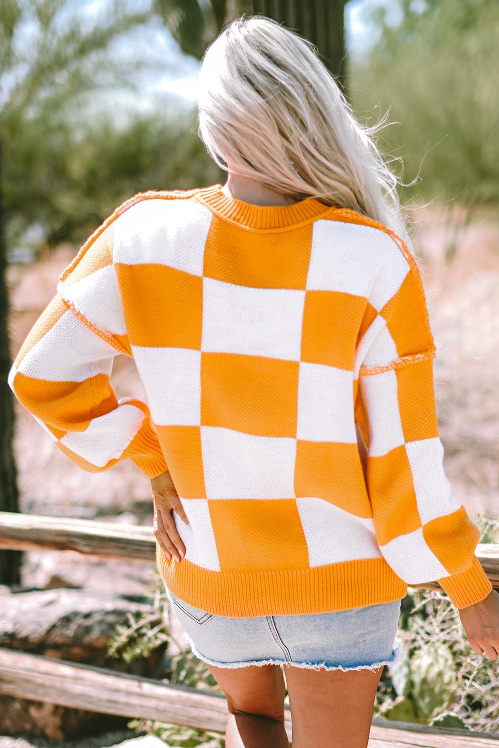 Crowned Energy CO. Grapefruit Orange / S / 100%Acrylic Dear-Lover Dropshipping Sweaters & Cardigans/Sweaters Orange Checkered Bishop Sleeve Sweater