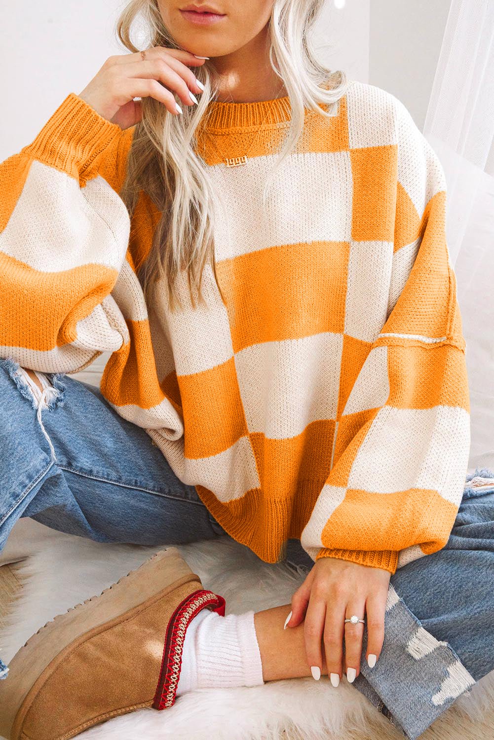 Crowned Energy CO. Grapefruit Orange / S / 100%Acrylic Dear-Lover Dropshipping Sweaters & Cardigans/Sweaters Orange Checkered Bishop Sleeve Sweater