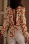 Orange Floral Print Knotted Open Back Long Sleeve Blouse - Crowned Energy CO.