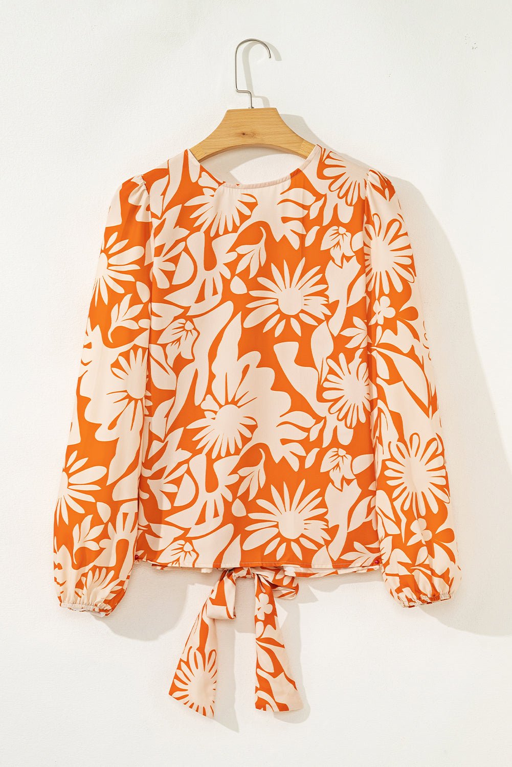 Orange Floral Print Knotted Open Back Long Sleeve Blouse - Crowned Energy CO.