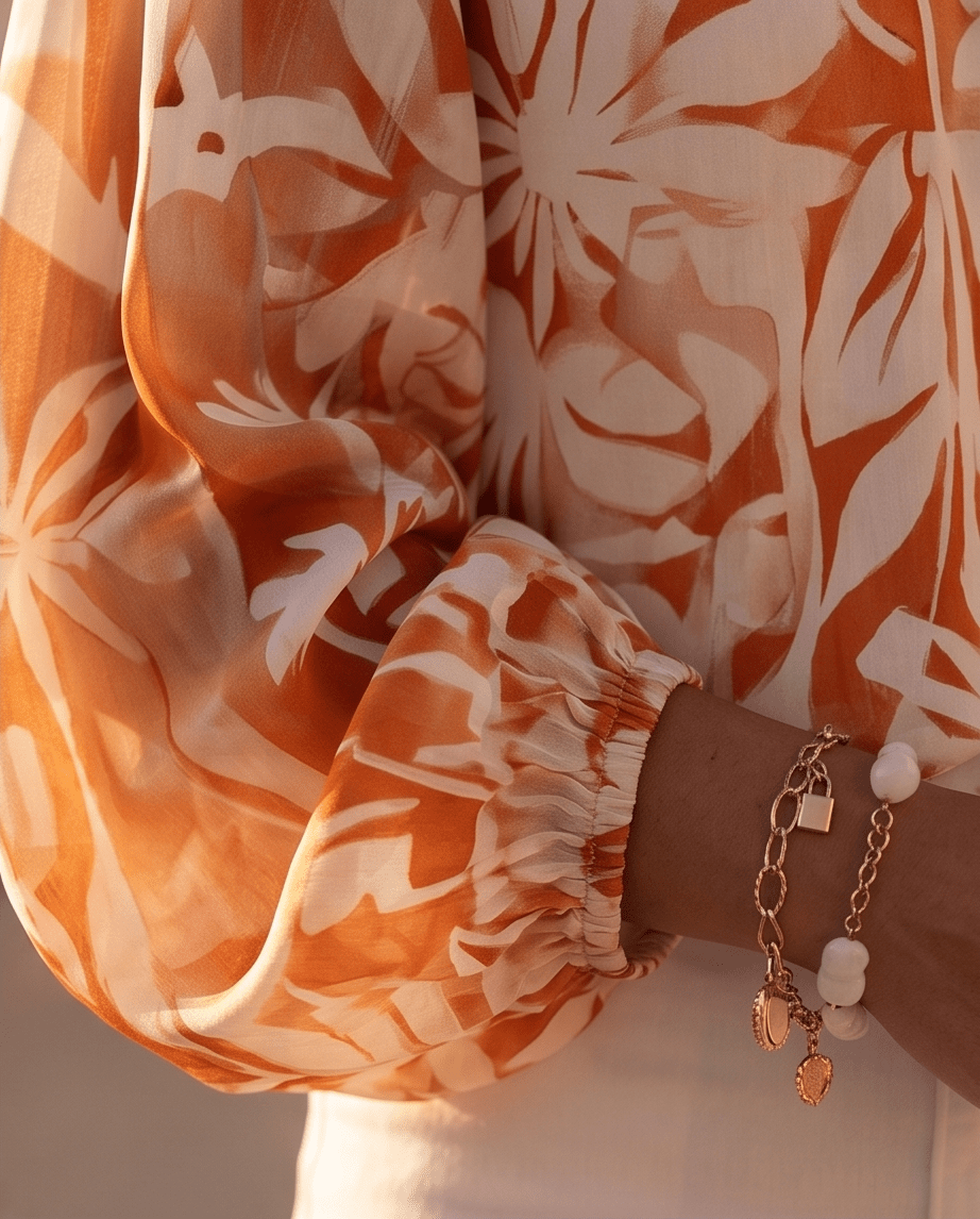 Orange Floral Print Knotted Open Back Long Sleeve Blouse - Crowned Energy CO.
