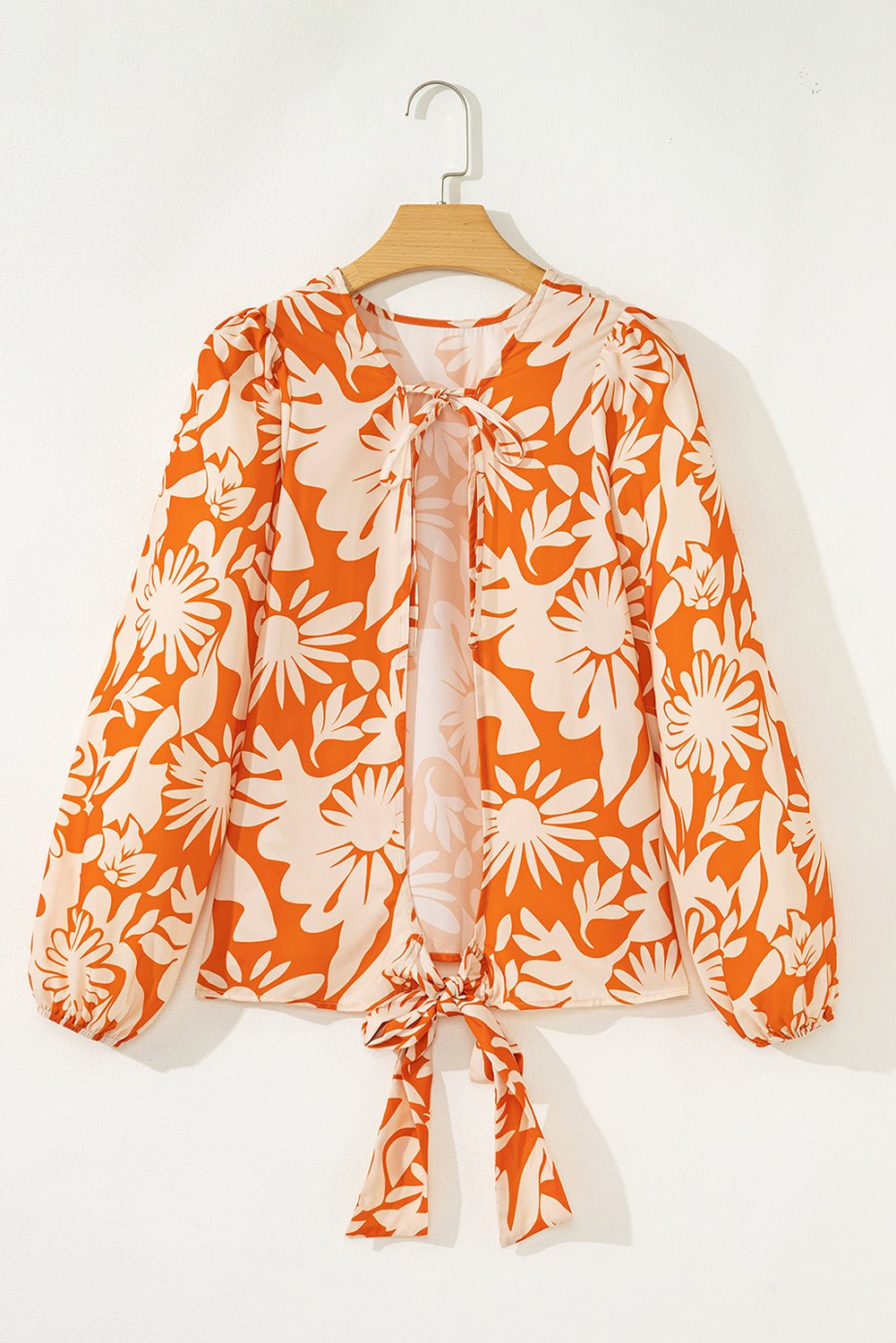Orange Floral Print Knotted Open Back Long Sleeve Blouse - Crowned Energy CO.