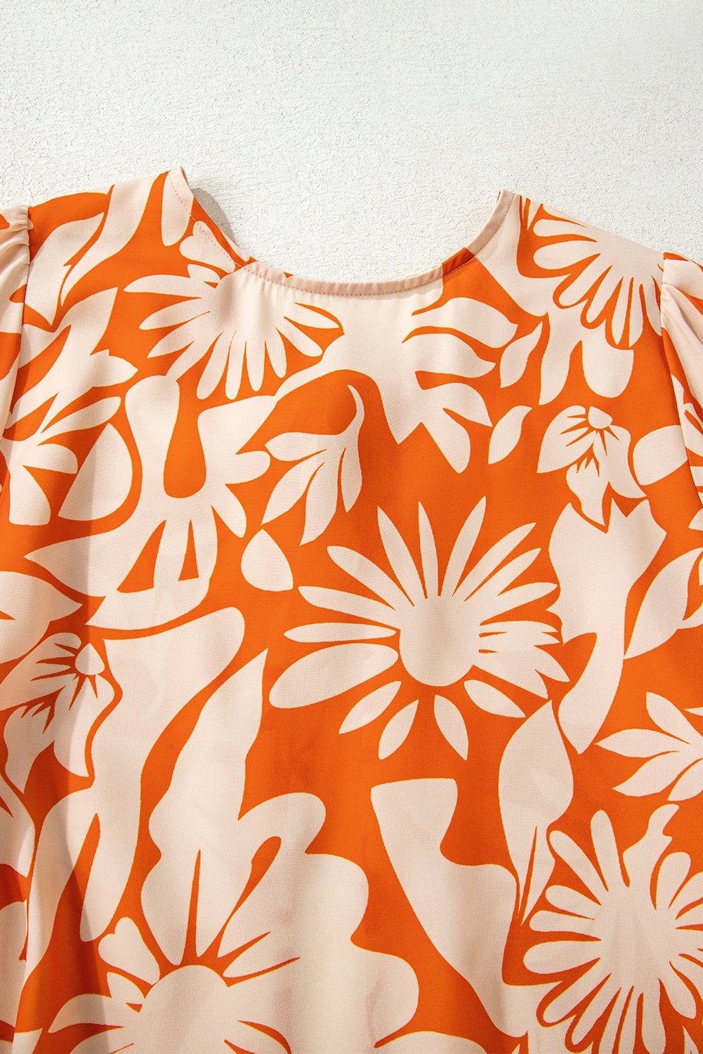 Orange Floral Print Knotted Open Back Long Sleeve Blouse - Crowned Energy CO.