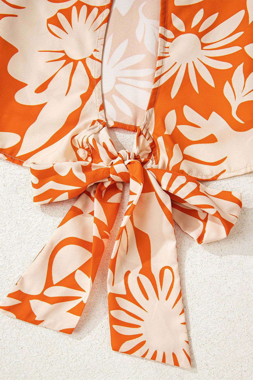 Orange Floral Print Knotted Open Back Long Sleeve Blouse - Crowned Energy CO.