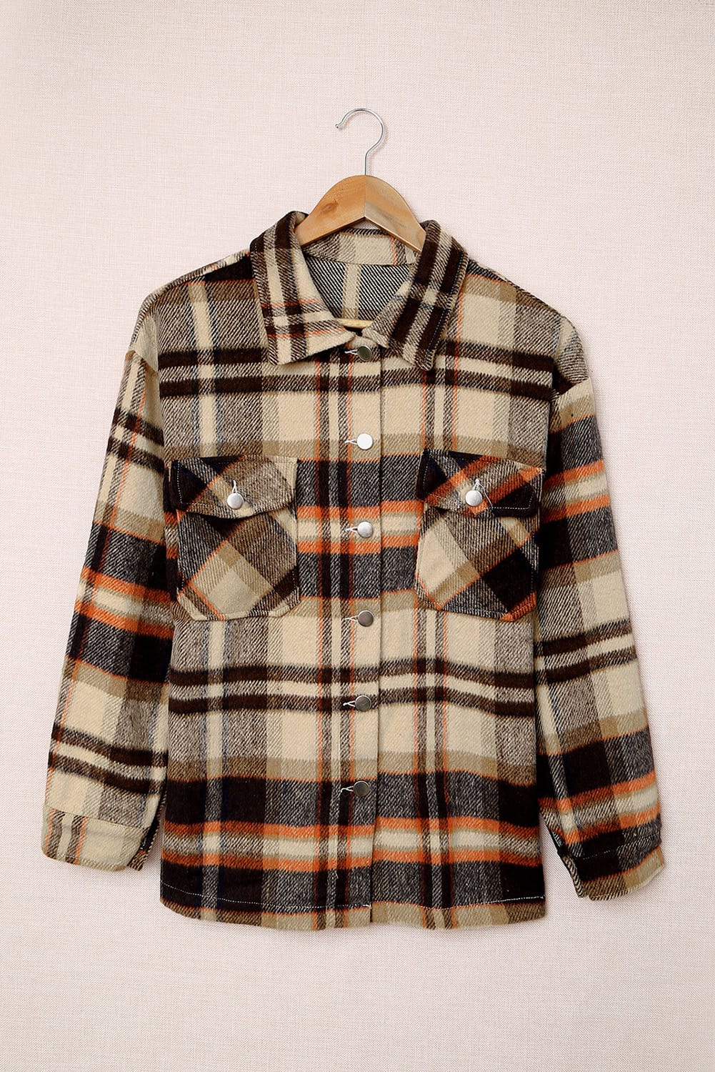 Orange Geometric Plaid Print Pocketed Shacket - Crowned Energy CO.